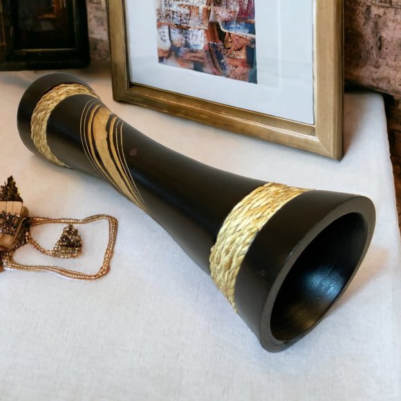 Tall Carved Mango Tree Wood Vase Dark Expresso Color - Picture 2 of 7